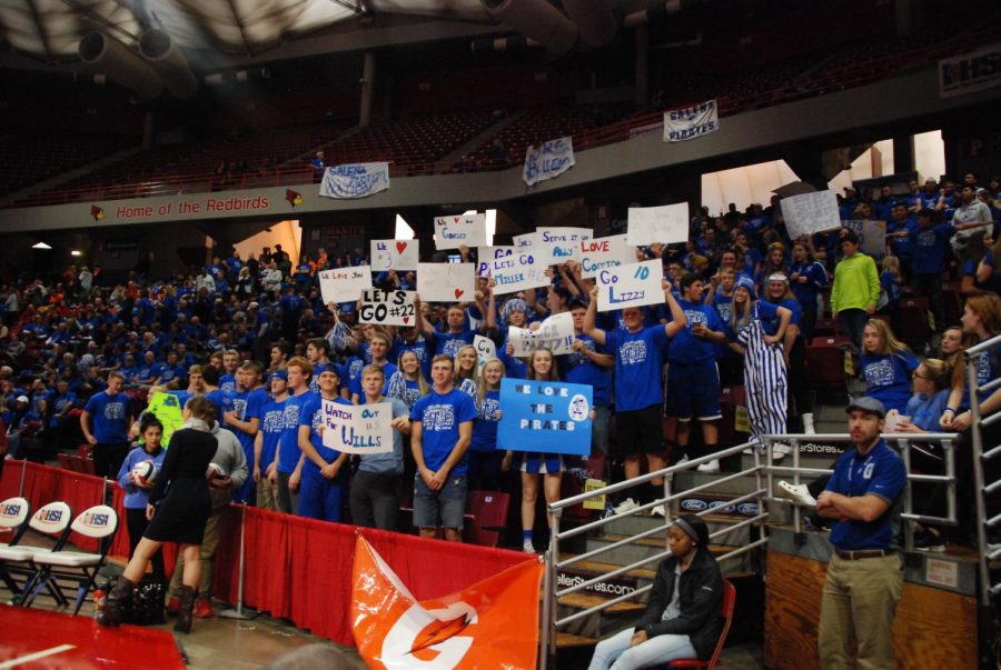 Game on: The Galena student section display their signs and pom poms getting ready to cheer on the lady Pirates at their state final game! The Varsity volleyball team placed second in the state which is a huge accomplishment. “¡Vamos Piratas!” said leader of the student section Jack Einsweiler ‘19.