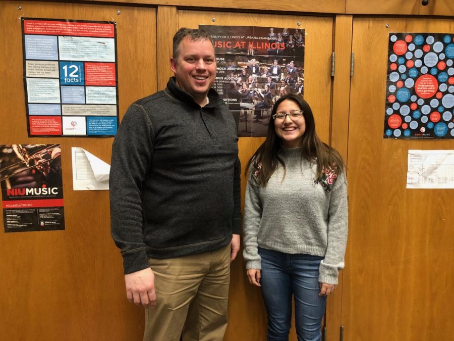 
Facing the fear of failing:
Veronica Osorio ‘19 standing alongside with Mr. Holland in the band room. This is where Veronica had to make up 13 practices. “I really had the mindset that I was going to fail this class. I really didn’t want to go in and play the songs. Then I fell in love with two of the songs and that was all I played. Mr. Suau also had a huge part in helping me practice. I really appreciate them both.” said Osorio.