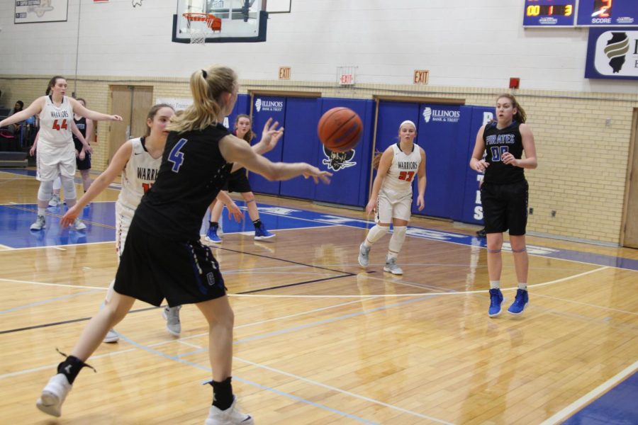 Trying to make a basket Maggie Furlong 22’ passes the ball to Corina Noble 21’ who then passes to the middle and gets a two points for the Pirates 
