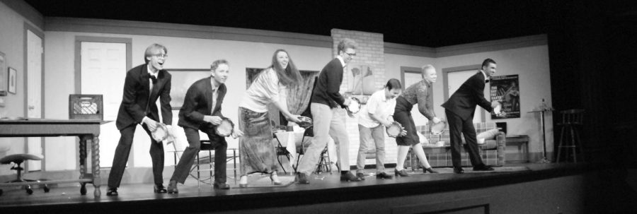 Let My Love Open the Door. The cast of “The Nerd” shake their tambourines during the curtain call on opening hight. From left: Henry Anderson ‘20, Jack Dregne ‘19, Jessica Baltierra ‘19, Evan Soat ‘19, Everett Noble ‘26, Sophia Getz ‘20 and Kyle D. Long ‘19. 
