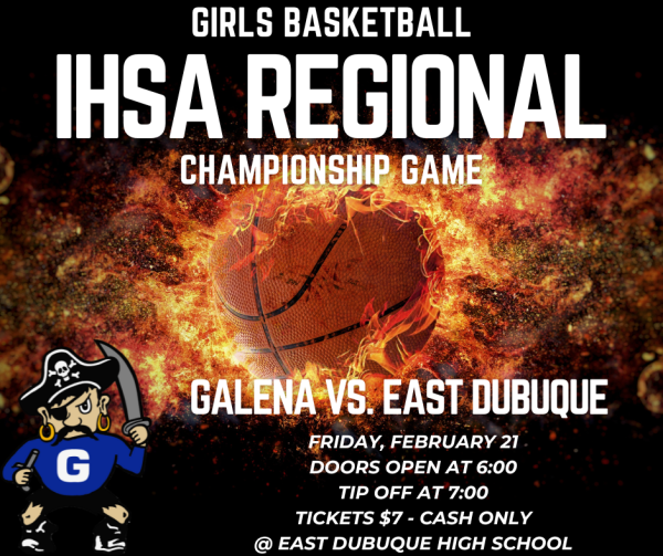 Please join us in wishing the Galena Girls Basketball Team the best of luck as they compete in the Regional Championship game tonight against the East Dubuque Warriors! The game starts at 7:00 PM in East Dubuque. Admission is $7 cash only, and doors open at 6:00 PM. If you can't make it in person, the game will be broadcast on X107.1. Let's pack the stands and show our support and spirit wear for the Pirates! Go get 'em, Pirates!
