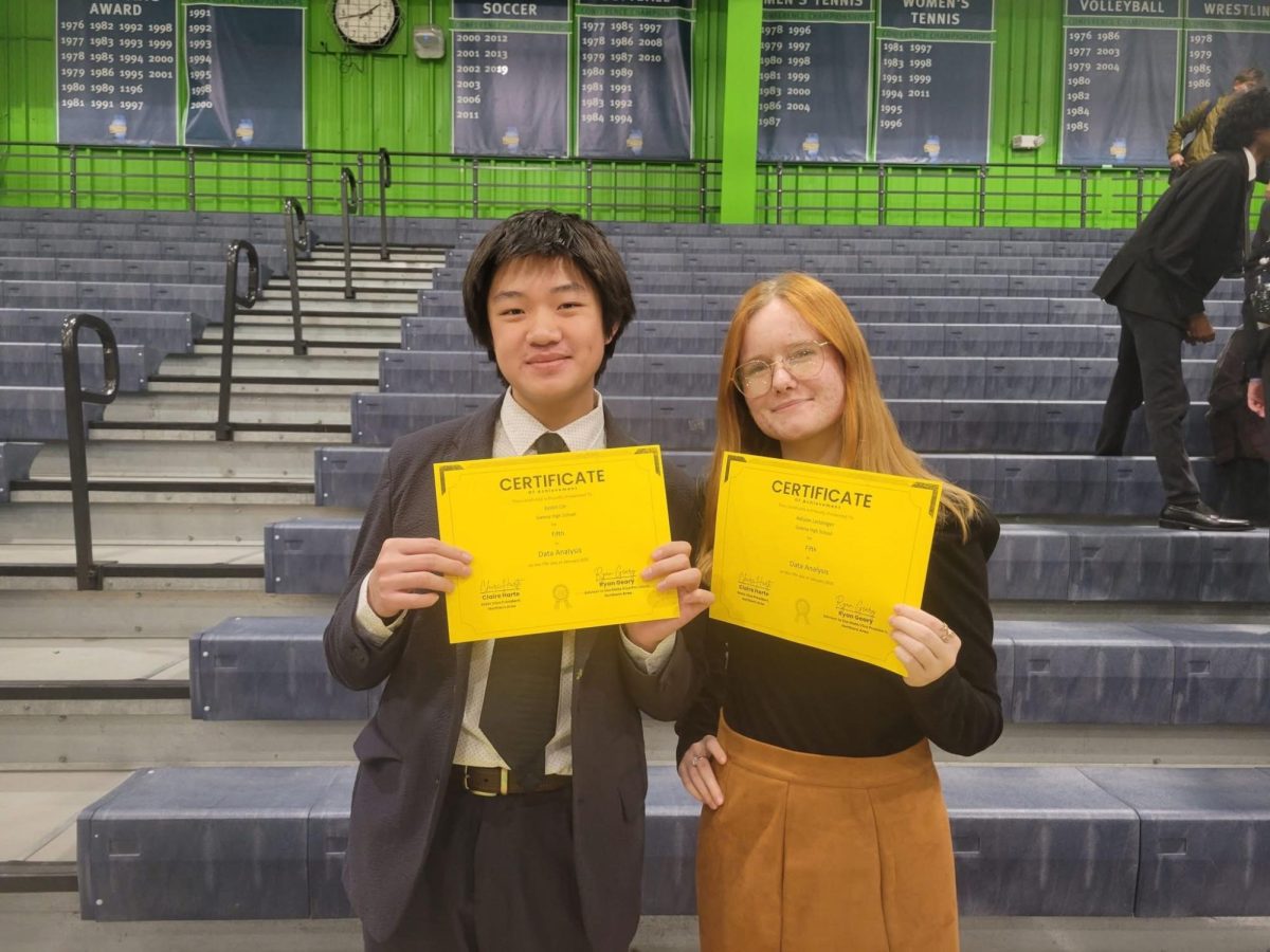 Top Five! Adison Leitzinger ‘25 and Justin Lin ‘28 both holding their fifth place certificate in Data Analysis. Both students did amazing and tired hard, as well as the other students who participated.”After we walked out of the room we realized that it wasn’t that bad and I really enjoyed presenting,” commented Leitzinger.