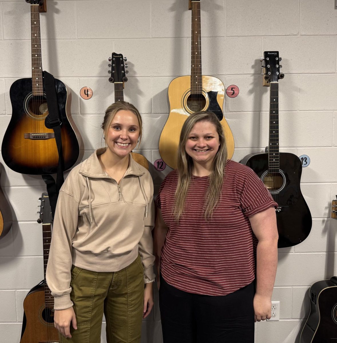 Leading the Way In Musical Journeys! Ms. Streich and Ms. Smith pose for a photo in the choir room. They are both having new experiences as pop choir and jazz band start up. “We’re test running pop choir this semester, and it will hopefully give students a new artistic outlet to express themselves musically,” said Streich.
