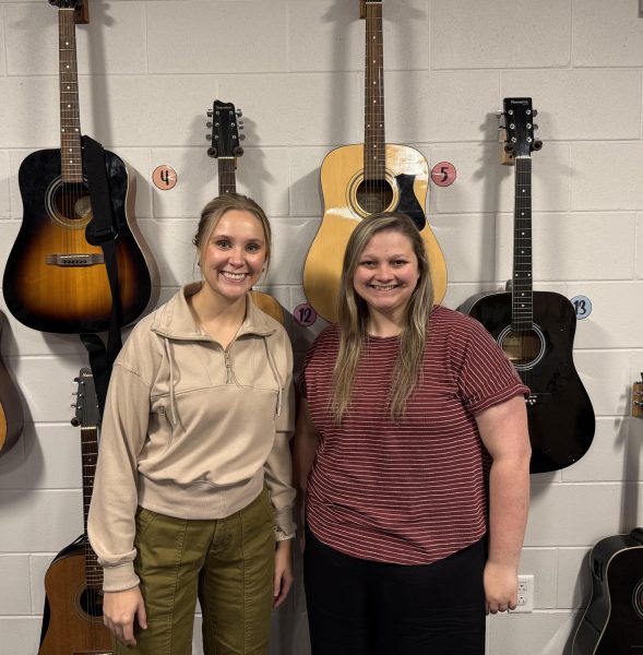 Leading the Way In Musical Journeys! Ms. Streich and Ms. Smith pose for a photo in the choir room. They are both having new experiences as pop choir and jazz band start up. “We’re test running pop choir this semester, and it will hopefully give students a new artistic outlet to express themselves musically,” said Streich.
