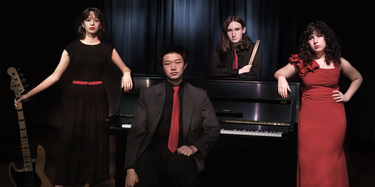 Brass and sass: The members of the Lamplight Jazz Cabaret (from left: Luna Pham ‘27, Justin Lin ‘28, Macklan Murphy ‘27, Liliana Asta ‘26) pose in front of their respective instruments. They will be putting their hard work on display at their concert Thursday evening. As Pham puts it, “All of us are so emotionally involved to the point where we are one with the music.”