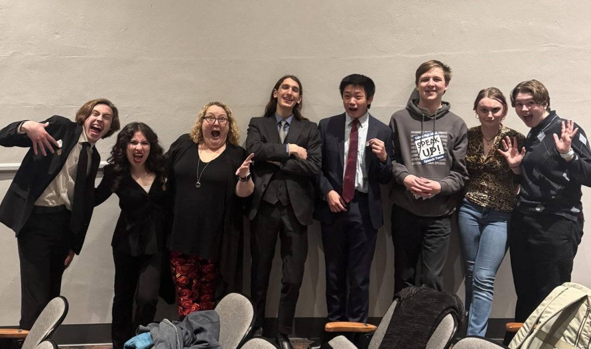Sectional Success! The speech team poses for a photo after the sectional awards ceremony. The team had just gotten the news of their state qualifiers and couldn’t be happier. “I was so excited that everybody had done so well!” said Susan Bookless.