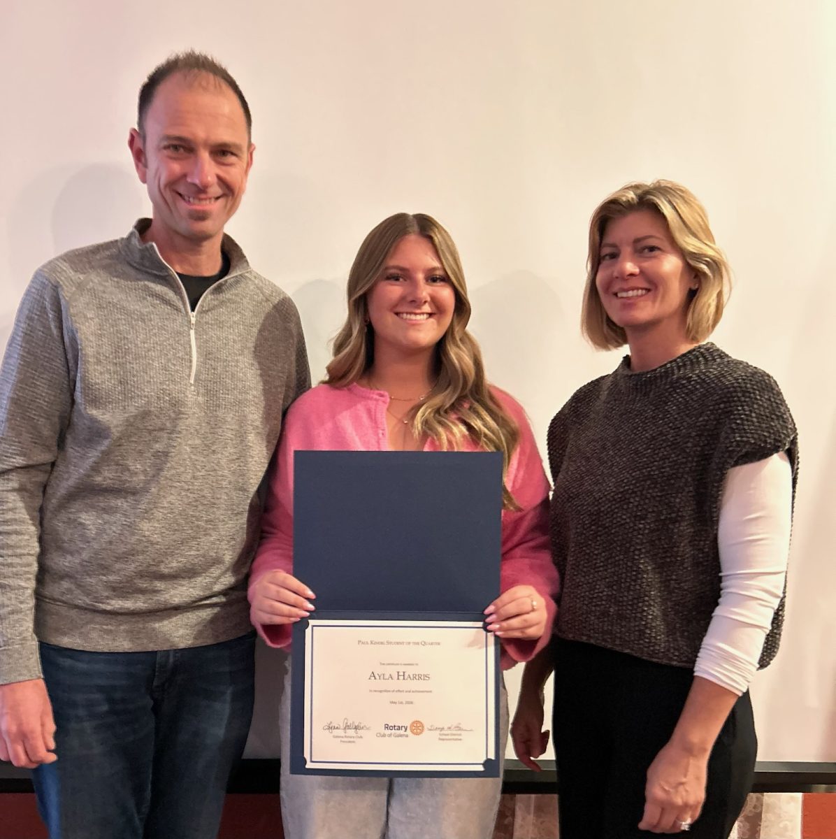 Joined together, Ayla Harris '28 poses proudly with her parents,as she displays her Galena Rotary Student of the Quarter Award. Harris was honored with a luncheon at the Desoto House to celebrate her well-deserved award. "It means a lot to be recognized by my community, and I'm really grateful to the Galena Rotary for supporting students and encouraging us to keep working hard," said Harris when asked what it meant to her to receive this award.

